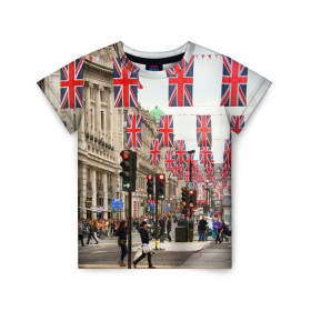 Детская футболка 3D с принтом Улицы Лондона в Петрозаводске, 100% гипоаллергенный полиэфир | прямой крой, круглый вырез горловины, длина до линии бедер, чуть спущенное плечо, ткань немного тянется | Тематика изображения на принте: city | england | flags | london | moving | pedestrians | people | street | traffic lights | united kingdom | англия | великобритания | город | лондон | люди | переход | пешеходы | светофоры | улица | флаги