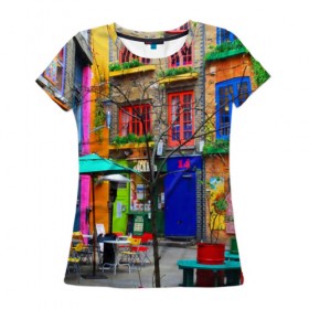 Женская футболка 3D с принтом Улицы Лондона в Петрозаводске, 100% полиэфир ( синтетическое хлопкоподобное полотно) | прямой крой, круглый вырез горловины, длина до линии бедер | bright | city | color | courtyard | england | london | paint | street | united kingdom | англия | великобритания | город | дворик | краски | лондон | улица | цвет | яркие