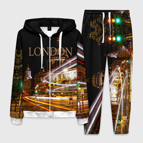 Мужской костюм 3D с принтом Улицы Лондона в Петрозаводске, 100% полиэстер | Манжеты и пояс оформлены тканевой резинкой, двухслойный капюшон со шнурком для регулировки, карманы спереди | city | england | lights | london | night | street | united kingdom | англия | великобритания | город | лондон | ночь | огни | улица