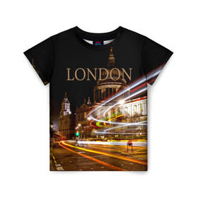 Детская футболка 3D с принтом Улицы Лондона в Петрозаводске, 100% гипоаллергенный полиэфир | прямой крой, круглый вырез горловины, длина до линии бедер, чуть спущенное плечо, ткань немного тянется | city | england | lights | london | night | street | united kingdom | англия | великобритания | город | лондон | ночь | огни | улица