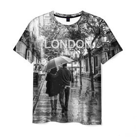 Мужская футболка 3D с принтом Улицы Лондона в Петрозаводске, 100% полиэфир | прямой крой, круглый вырез горловины, длина до линии бедер | англия | бульвар | великобритания | влюбленные | дождь | зонтик | лондон | улица