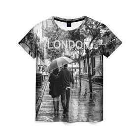 Женская футболка 3D с принтом Улицы Лондона в Петрозаводске, 100% полиэфир ( синтетическое хлопкоподобное полотно) | прямой крой, круглый вырез горловины, длина до линии бедер | англия | бульвар | великобритания | влюбленные | дождь | зонтик | лондон | улица