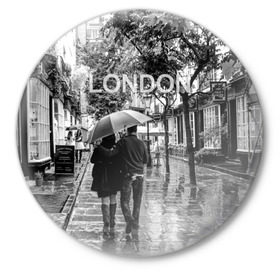 Значок с принтом Улицы Лондона в Петрозаводске,  металл | круглая форма, металлическая застежка в виде булавки | Тематика изображения на принте: англия | бульвар | великобритания | влюбленные | дождь | зонтик | лондон | улица