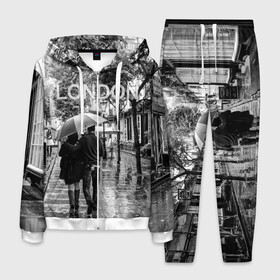 Мужской костюм 3D с принтом Улицы Лондона в Петрозаводске, 100% полиэстер | Манжеты и пояс оформлены тканевой резинкой, двухслойный капюшон со шнурком для регулировки, карманы спереди | англия | бульвар | великобритания | влюбленные | дождь | зонтик | лондон | улица