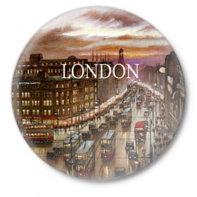 Значок с принтом Улицы Лондона в Петрозаводске,  металл | круглая форма, металлическая застежка в виде булавки | city | england | london | united kingdom | англия | великобритания | город | лондон | ночь | огни | улица
