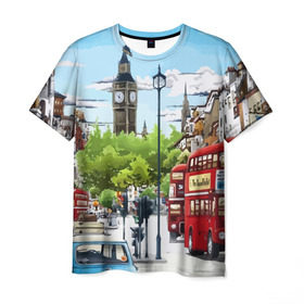Мужская футболка 3D с принтом Улицы Лондона в Петрозаводске, 100% полиэфир | прямой крой, круглый вырез горловины, длина до линии бедер | Тематика изображения на принте: city | england | london | united kingdom | англия | великобритания | город | лондон