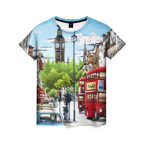 Женская футболка 3D с принтом Улицы Лондона в Петрозаводске, 100% полиэфир ( синтетическое хлопкоподобное полотно) | прямой крой, круглый вырез горловины, длина до линии бедер | city | england | london | united kingdom | англия | великобритания | город | лондон