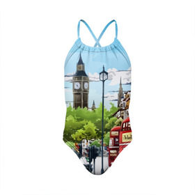Детский купальник 3D с принтом Улицы Лондона в Петрозаводске, Полиэстер 85%, Спандекс 15% | Слитный крой, подклад по переду изделия, узкие бретели | Тематика изображения на принте: city | england | london | united kingdom | англия | великобритания | город | лондон