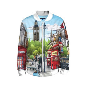 Детский бомбер 3D с принтом Улицы Лондона в Петрозаводске, 100% полиэстер | застегивается на молнию, по бокам два кармана без застежек, мягкие манжеты, по низу бомбера и на воротнике — эластичная резинка | city | england | london | united kingdom | англия | великобритания | город | лондон
