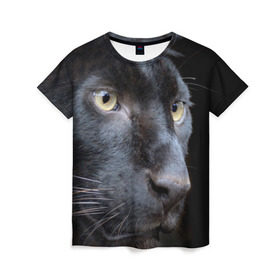 Женская футболка 3D с принтом Черная пантера в Петрозаводске, 100% полиэфир ( синтетическое хлопкоподобное полотно) | прямой крой, круглый вырез горловины, длина до линии бедер | животные | кис | киска | кот | котенок | котик | кошечка | кошка | пантера | рысь | тигр | хищник