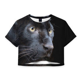 Женская футболка 3D укороченная с принтом Черная пантера в Петрозаводске, 100% полиэстер | круглая горловина, длина футболки до линии талии, рукава с отворотами | животные | кис | киска | кот | котенок | котик | кошечка | кошка | пантера | рысь | тигр | хищник