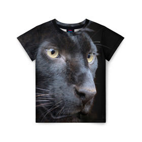 Детская футболка 3D с принтом Черная пантера в Петрозаводске, 100% гипоаллергенный полиэфир | прямой крой, круглый вырез горловины, длина до линии бедер, чуть спущенное плечо, ткань немного тянется | Тематика изображения на принте: животные | кис | киска | кот | котенок | котик | кошечка | кошка | пантера | рысь | тигр | хищник