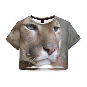 Женская футболка 3D укороченная с принтом Пума в Петрозаводске, 100% полиэстер | круглая горловина, длина футболки до линии талии, рукава с отворотами | животные | кис | киска | кот | котенок | котик | кошечка | кошка | львиц | пантера | пума | рысь | хищник