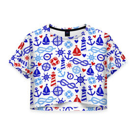 Женская футболка 3D укороченная с принтом Речник в Петрозаводске, 100% полиэстер | круглая горловина, длина футболки до линии талии, рукава с отворотами | вода | канат | компас | круг | маяк | море | парус | спасатель | узел | якорь