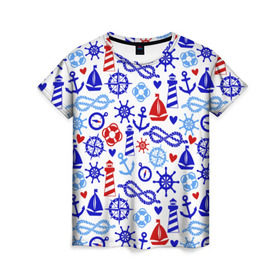 Женская футболка 3D с принтом Речник в Петрозаводске, 100% полиэфир ( синтетическое хлопкоподобное полотно) | прямой крой, круглый вырез горловины, длина до линии бедер | вода | канат | компас | круг | маяк | море | парус | спасатель | узел | якорь