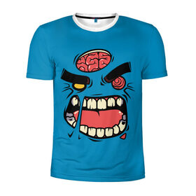 Мужская футболка 3D спортивная с принтом Angry Zombie в Петрозаводске, 100% полиэстер с улучшенными характеристиками | приталенный силуэт, круглая горловина, широкие плечи, сужается к линии бедра | Тематика изображения на принте: brain | evil | face | halloween | monster | smile | zombie | зомби | лицо | мозг | монстр | нечисть | смайл | хэллоуин