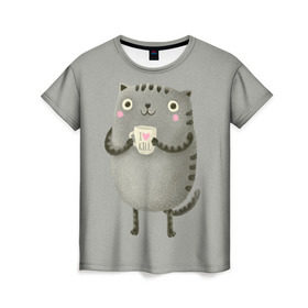 Женская футболка 3D с принтом Cat Love Kill в Петрозаводске, 100% полиэфир ( синтетическое хлопкоподобное полотно) | прямой крой, круглый вырез горловины, длина до линии бедер | animal | beast | cat | feline | kill | kitty | love | meow | взгляд | животное | зверь | кот | котенок | котик | кофе | кошка | любовь | мяу | чай