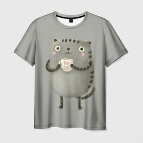 Мужская футболка 3D с принтом Cat Love Kill в Петрозаводске, 100% полиэфир | прямой крой, круглый вырез горловины, длина до линии бедер | Тематика изображения на принте: animal | beast | cat | feline | kill | kitty | love | meow | взгляд | животное | зверь | кот | котенок | котик | кофе | кошка | любовь | мяу | чай