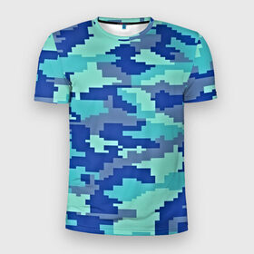 Мужская футболка 3D спортивная с принтом Камуфляж в Петрозаводске, 100% полиэстер с улучшенными характеристиками | приталенный силуэт, круглая горловина, широкие плечи, сужается к линии бедра | пиксельный | синий