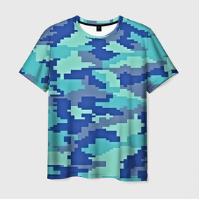 Мужская футболка 3D с принтом Камуфляж в Петрозаводске, 100% полиэфир | прямой крой, круглый вырез горловины, длина до линии бедер | пиксельный | синий