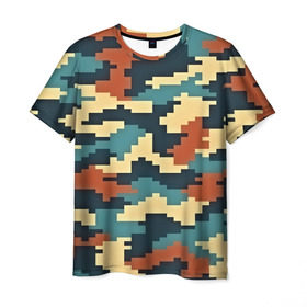 Мужская футболка 3D с принтом Цветной камуфляж в Петрозаводске, 100% полиэфир | прямой крой, круглый вырез горловины, длина до линии бедер | Тематика изображения на принте: пиксельный