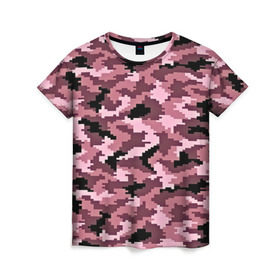 Женская футболка 3D с принтом Розовый камуфляж в Петрозаводске, 100% полиэфир ( синтетическое хлопкоподобное полотно) | прямой крой, круглый вырез горловины, длина до линии бедер | пиксельный