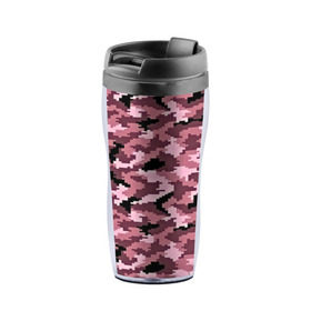 Термокружка-непроливайка с принтом Розовый камуфляж в Петрозаводске, внутренняя часть — пищевой пластик, наружная часть — прозрачный пластик, между ними — полиграфическая вставка с рисунком | объем — 350 мл, герметичная крышка | пиксельный