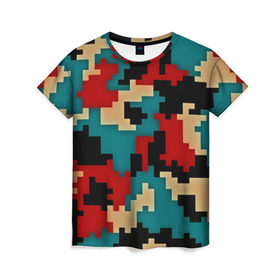 Женская футболка 3D с принтом Camouflage в Петрозаводске, 100% полиэфир ( синтетическое хлопкоподобное полотно) | прямой крой, круглый вырез горловины, длина до линии бедер | камуфляж | пиксельный | разноцветный