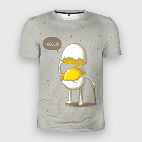 Мужская футболка 3D спортивная с принтом Яйцо приветствует в Петрозаводске, 100% полиэстер с улучшенными характеристиками | приталенный силуэт, круглая горловина, широкие плечи, сужается к линии бедра | cook | eat | egg | food | funny | hello | smile | еда | кухня | повар | привет | прикол | смайл | улыбка | яйцо