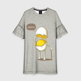 Детское платье 3D с принтом Яйцо приветствует в Петрозаводске, 100% полиэстер | прямой силуэт, чуть расширенный к низу. Круглая горловина, на рукавах — воланы | cook | eat | egg | food | funny | hello | smile | еда | кухня | повар | привет | прикол | смайл | улыбка | яйцо