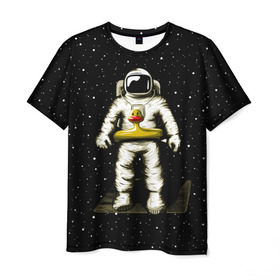 Мужская футболка 3D с принтом Космонавт с уточкой в Петрозаводске, 100% полиэфир | прямой крой, круглый вырез горловины, длина до линии бедер | астронавт | ванна | галактика | звезды | космонавт | планета | утка | уточка