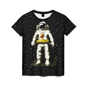 Женская футболка 3D с принтом Космонавт с уточкой в Петрозаводске, 100% полиэфир ( синтетическое хлопкоподобное полотно) | прямой крой, круглый вырез горловины, длина до линии бедер | астронавт | ванна | галактика | звезды | космонавт | планета | утка | уточка