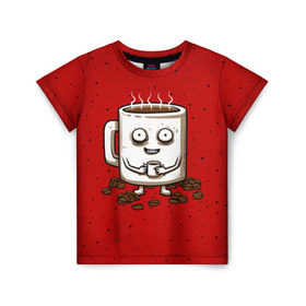 Детская футболка 3D с принтом Кофейный пьяница в Петрозаводске, 100% гипоаллергенный полиэфир | прямой крой, круглый вырез горловины, длина до линии бедер, чуть спущенное плечо, ткань немного тянется | Тематика изображения на принте: coffee | tea | кофе | кружка | утро | чай | чашка