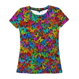Женская футболка 3D с принтом Разноцветные бабочки в Петрозаводске, 100% полиэфир ( синтетическое хлопкоподобное полотно) | прямой крой, круглый вырез горловины, длина до линии бедер | насекомые | паттерн | пестрый | радуга | разноцветный | яркий