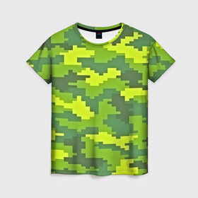 Женская футболка 3D с принтом Зелёный камуфляж в Петрозаводске, 100% полиэфир ( синтетическое хлопкоподобное полотно) | прямой крой, круглый вырез горловины, длина до линии бедер | пиксели