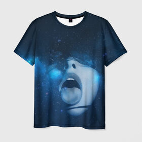 Мужская футболка 3D с принтом Космический рот в Петрозаводске, 100% полиэфир | прямой крой, круглый вырез горловины, длина до линии бедер | губы | девушка | женщина | звезды | зубы | космос | синий | туманность | черная дыра