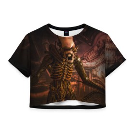 Женская футболка 3D укороченная с принтом Alien в Петрозаводске, 100% полиэстер | круглая горловина, длина футболки до линии талии, рукава с отворотами | alien | блокбастер. монстр | боевик | кино | кинофильм | скелет | чужой