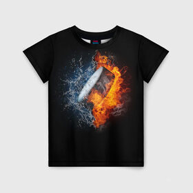 Детская футболка 3D с принтом Шайба - огонь и вода в Петрозаводске, 100% гипоаллергенный полиэфир | прямой крой, круглый вырез горловины, длина до линии бедер, чуть спущенное плечо, ткань немного тянется | вода | лед | огонь | пламя | россия | спорт | хоккей | шайба