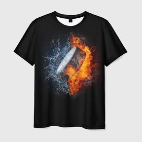 Мужская футболка 3D с принтом Шайба - огонь и вода в Петрозаводске, 100% полиэфир | прямой крой, круглый вырез горловины, длина до линии бедер | Тематика изображения на принте: вода | лед | огонь | пламя | россия | спорт | хоккей | шайба
