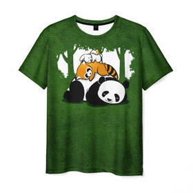 Мужская футболка 3D с принтом Милая панда в Петрозаводске, 100% полиэфир | прямой крой, круглый вырез горловины, длина до линии бедер | большая | джунгли | енот | зайка | милая | панда | пушистая