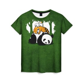 Женская футболка 3D с принтом Милая панда в Петрозаводске, 100% полиэфир ( синтетическое хлопкоподобное полотно) | прямой крой, круглый вырез горловины, длина до линии бедер | большая | джунгли | енот | зайка | милая | панда | пушистая