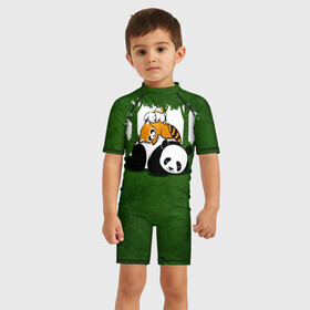 Детский купальный костюм 3D с принтом Милая панда в Петрозаводске, Полиэстер 85%, Спандекс 15% | застежка на молнии на спине | большая | джунгли | енот | зайка | милая | панда | пушистая