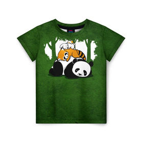 Детская футболка 3D с принтом Милая панда в Петрозаводске, 100% гипоаллергенный полиэфир | прямой крой, круглый вырез горловины, длина до линии бедер, чуть спущенное плечо, ткань немного тянется | большая | джунгли | енот | зайка | милая | панда | пушистая