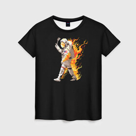 Женская футболка 3D с принтом Горячий космонавт в Петрозаводске, 100% полиэфир ( синтетическое хлопкоподобное полотно) | прямой крой, круглый вырез горловины, длина до линии бедер | астронавт | вселенная | космонавт | космос | огонь | планета | тьма | человек