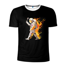 Мужская футболка 3D спортивная с принтом Горячий космонавт в Петрозаводске, 100% полиэстер с улучшенными характеристиками | приталенный силуэт, круглая горловина, широкие плечи, сужается к линии бедра | астронавт | вселенная | космонавт | космос | огонь | планета | тьма | человек