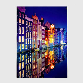Постер с принтом Амстердама, Нидерланды в Петрозаводске, 100% бумага
 | бумага, плотность 150 мг. Матовая, но за счет высокого коэффициента гладкости имеет небольшой блеск и дает на свету блики, но в отличии от глянцевой бумаги не покрыта лаком | amsterdam | boat | bright | color | lights | night | pier | rainbow | reflection | the city | the netherlands | the strait | water | амстердама | вода | город | лодка | нидерланды | ночь | огни | отражение | причал | пролив | радуга | цвет | яркий