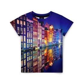 Детская футболка 3D с принтом Амстердама, Нидерланды в Петрозаводске, 100% гипоаллергенный полиэфир | прямой крой, круглый вырез горловины, длина до линии бедер, чуть спущенное плечо, ткань немного тянется | amsterdam | boat | bright | color | lights | night | pier | rainbow | reflection | the city | the netherlands | the strait | water | амстердама | вода | город | лодка | нидерланды | ночь | огни | отражение | причал | пролив | радуга | цвет | яркий