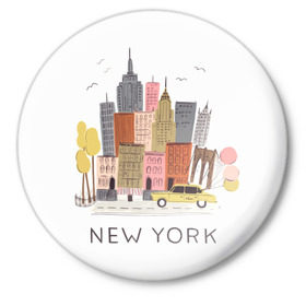 Значок с принтом Нью-Йорк в Петрозаводске,  металл | круглая форма, металлическая застежка в виде булавки | new york | воздушные шары | город | деревья | рисунок | такси