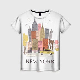 Женская футболка 3D с принтом Нью-Йорк в Петрозаводске, 100% полиэфир ( синтетическое хлопкоподобное полотно) | прямой крой, круглый вырез горловины, длина до линии бедер | new york | воздушные шары | город | деревья | рисунок | такси
