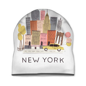 Шапка 3D с принтом Нью-Йорк в Петрозаводске, 100% полиэстер | универсальный размер, печать по всей поверхности изделия | new york | воздушные шары | город | деревья | рисунок | такси